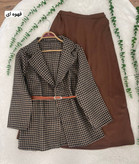 ست سه تیکه کت دامن کمربند لی لی جنس کت پیردوبل ضخیم دامن توییت پشمی کمربند چرمی