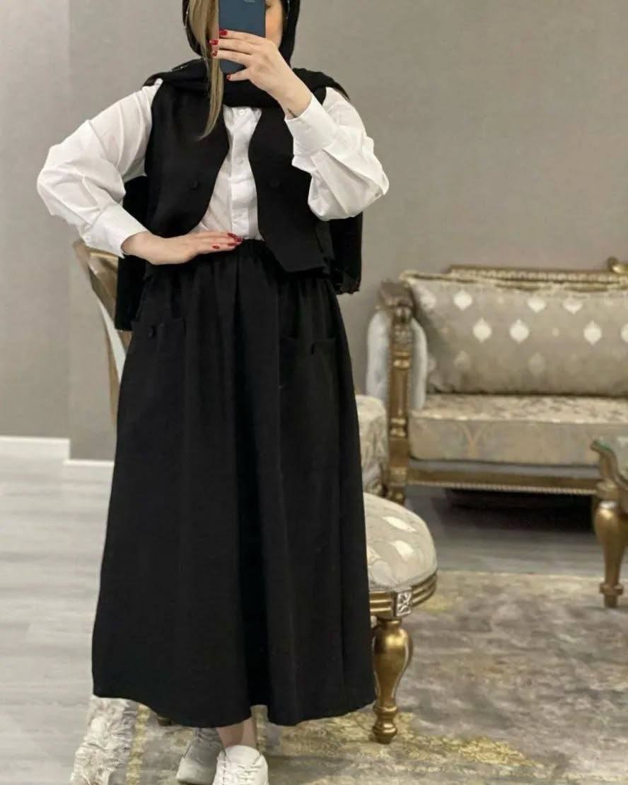ست سه تیکه ژیله شومیز دامن روناز جنس ژیله و دامن شانتون کوک دوزی شده جنس شومیز تترون فری سایز