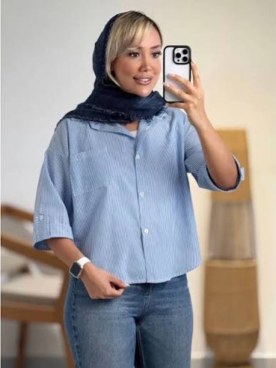 شومیز باکسی راه راه زنانه آبی لینن نخ