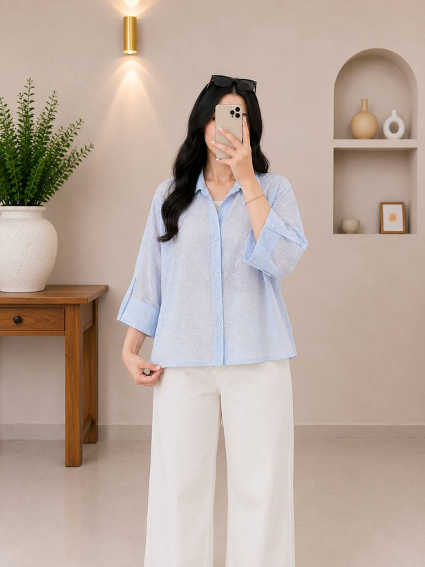 شومیز زنانه ساناز آبی آسمانی تن مدل