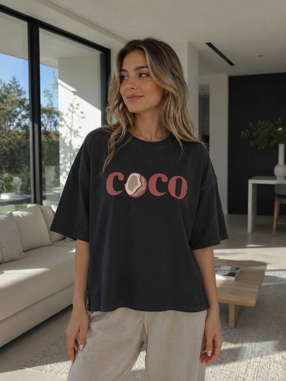 تیشرت باکسی COCO زنانه نخ پنبه گلوبال | فول باکسی فری سایز