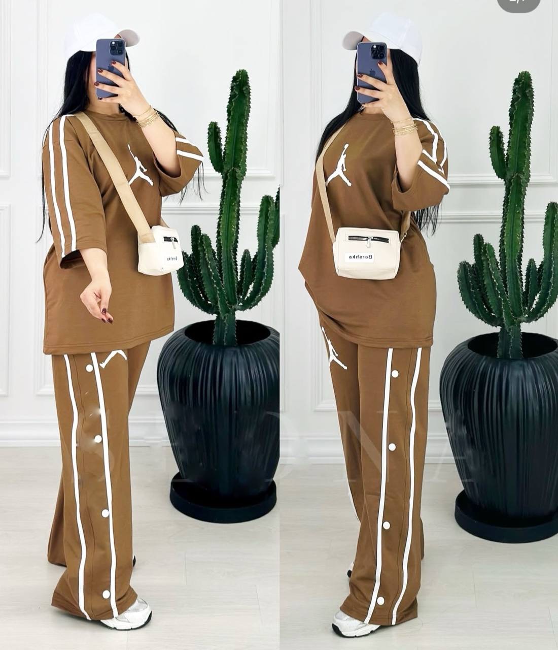ست تیشرت شلوار زنانه Jordan شتری